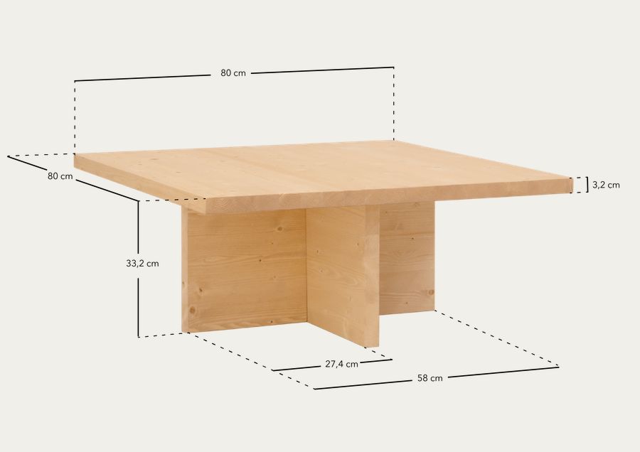 Tavolino quadrato in legno massello color rovere medio di 80x80cm
