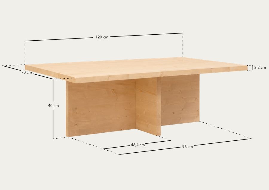 Table basse en bois massif ton chêne moyen de 120x70cm