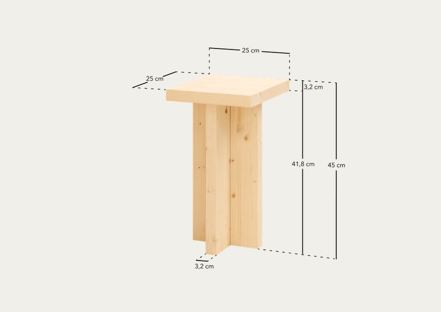 Tavolino ausiliario in legno massello in tonalità naturale di 25x25cm