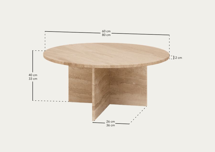 Mesa de centro redonda de mármol daino reale y patas de madera maciza de varias medidas