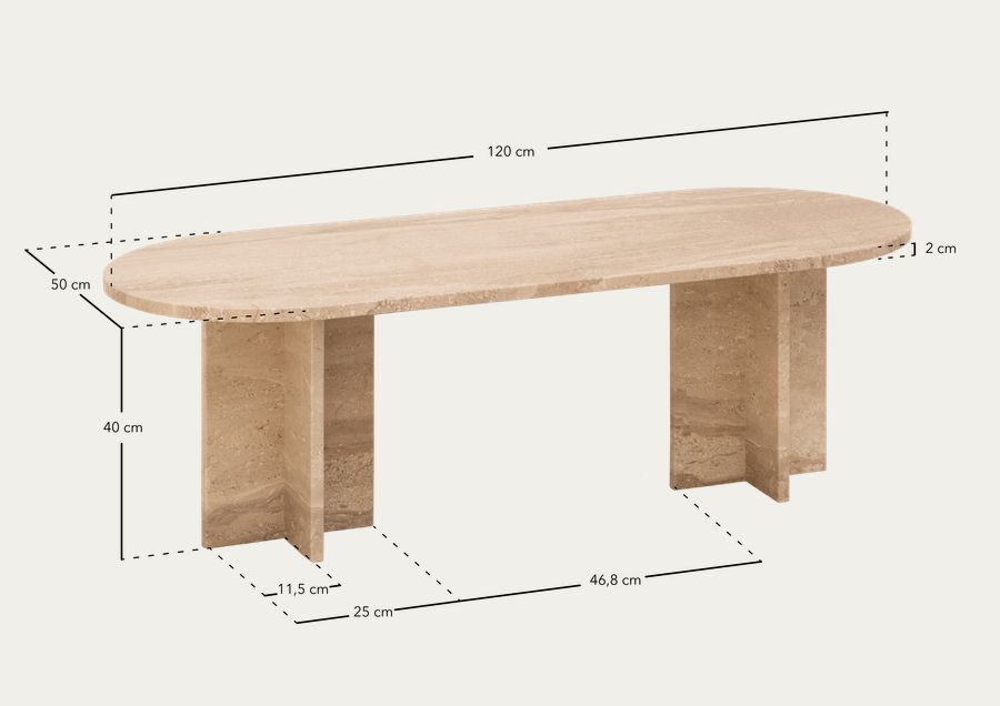 Mesa de centro de mármol daino reale y patas de madera maciza de 120x50cm