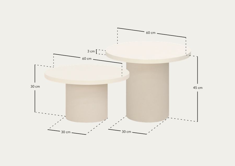 Mesa de centro redonda de mármol travertino y patas de microcemento tono beige de varias medidas