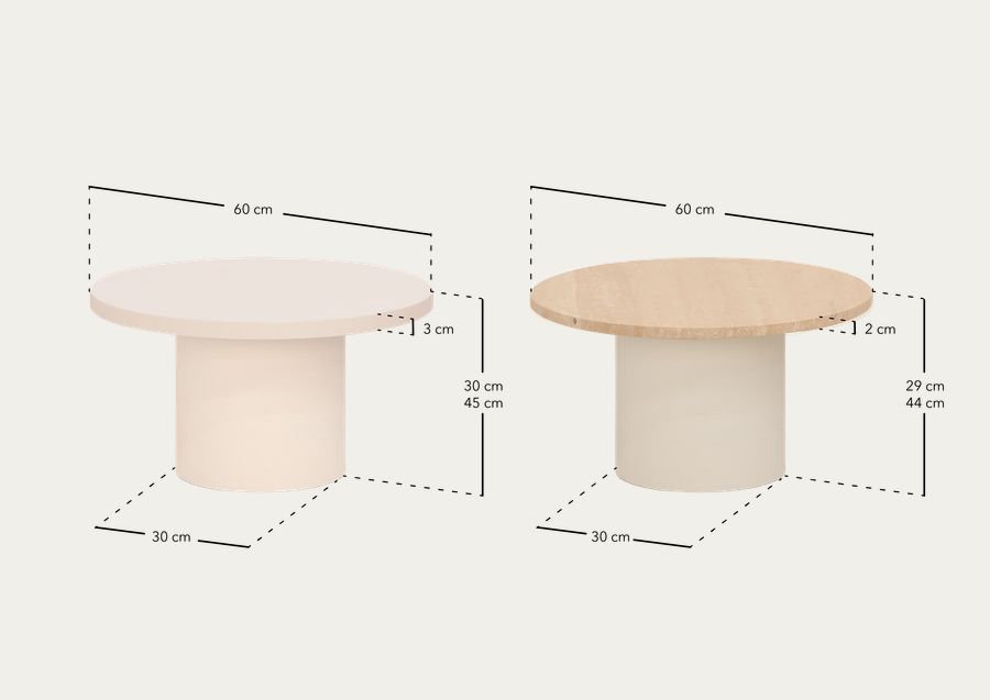 Tavolino rotondo in legno massello di tonalità rovere scuro e piede in microcemento di tonalità terra in varie misure.