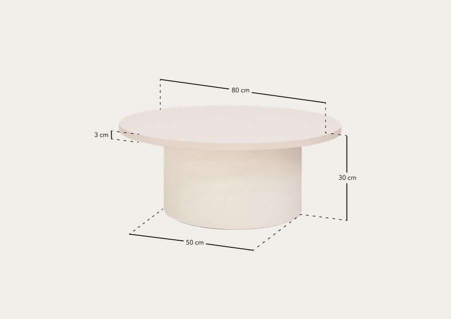 Mesa de centro redonda de mármore travertino com pernas de microcimento em tom bege de 80x30cm