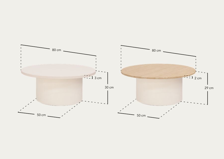 Mesa de centro redonda de mármore travertino com pernas de microcimento em tom bege de 80x30cm