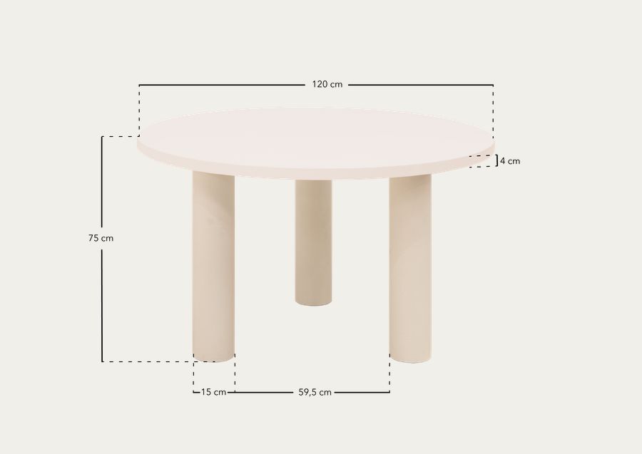 Table de salle à manger ronde en microciment de teinte blanc cassé disponible en différentes dimensions