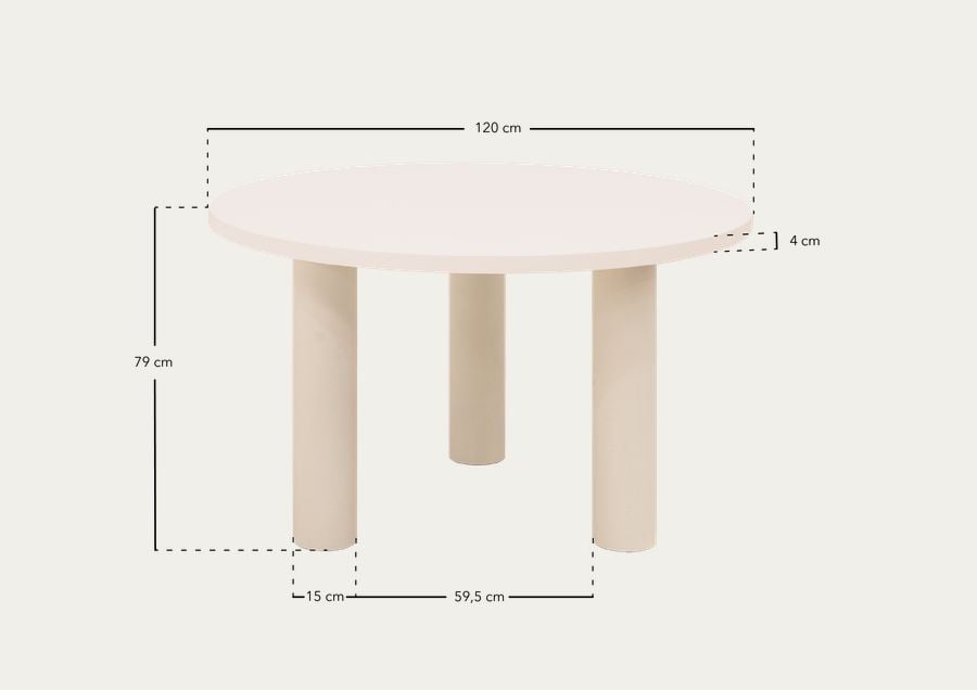 Mesa de comedor redonda de madera maciza tono roble oscuro y patas de microcemento en tono tierra de varias medidas