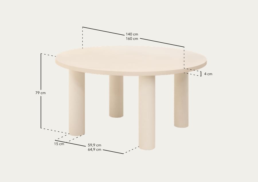 Mesa de comedor redonda de microcemento en tono blanco roto de varias medidas