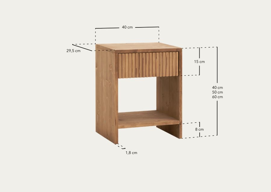 Pack di 2 comodini in legno massello con un cassetto tono rovere scuro di varie dimensioni