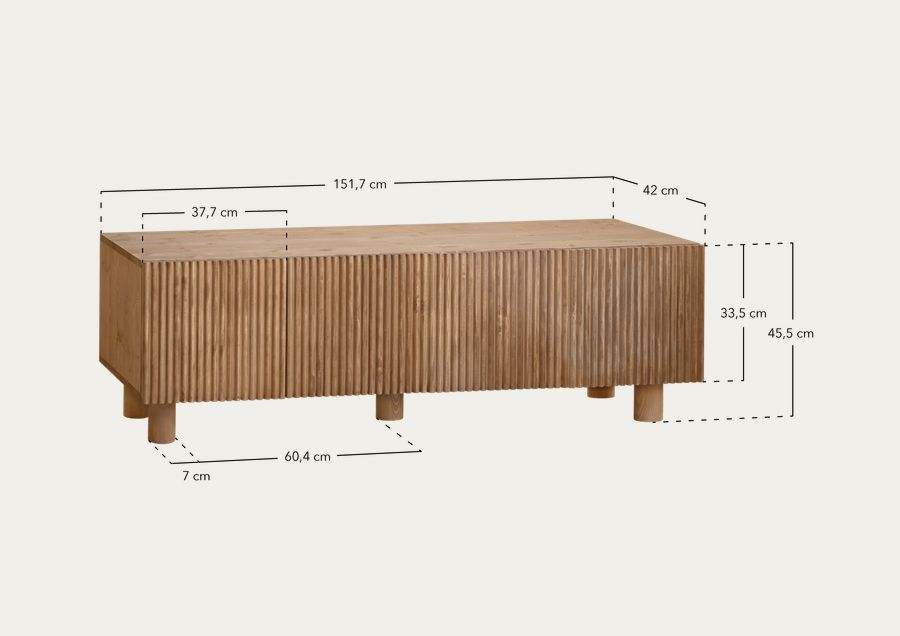 Meuble TV en bois de sapin et pin en ton chêne moyen 152x42cm