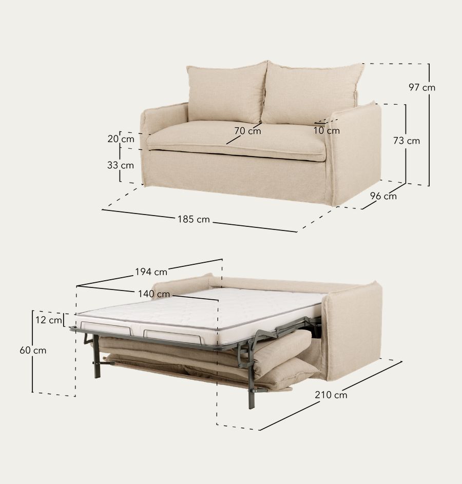 Mia - Schlafsofa aus Baumwolle und Leinen Beige 185x95cm