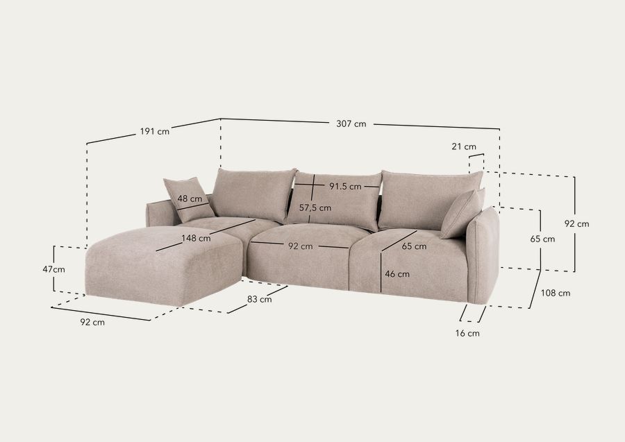 Sofá de 4/5 plazas con chaise longue izquierdo de terciopelo en tono marrón chocolate de 307x185cm