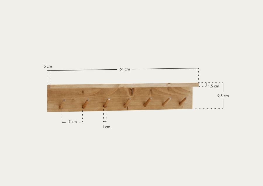 Colgador de pared de madera maciza en tono roble oscuro de 61x9,5cm