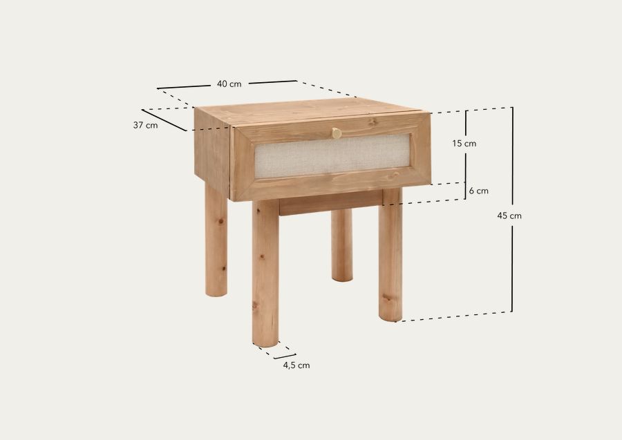 Mesa de cabeceira em madeira maciça e linho com gaveta em tom natural de 40x45cm