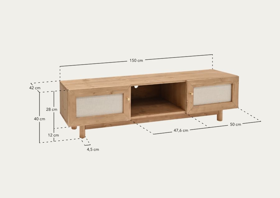 Móvel TV de madeira maciça e tecido de linho com 2 portas em tom carvalho escuro 150x40cm