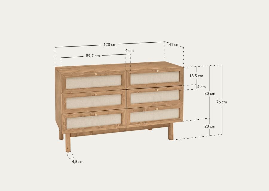 Cómoda de madera maciza y lino con seis cajones en tono natural de 76x120cm