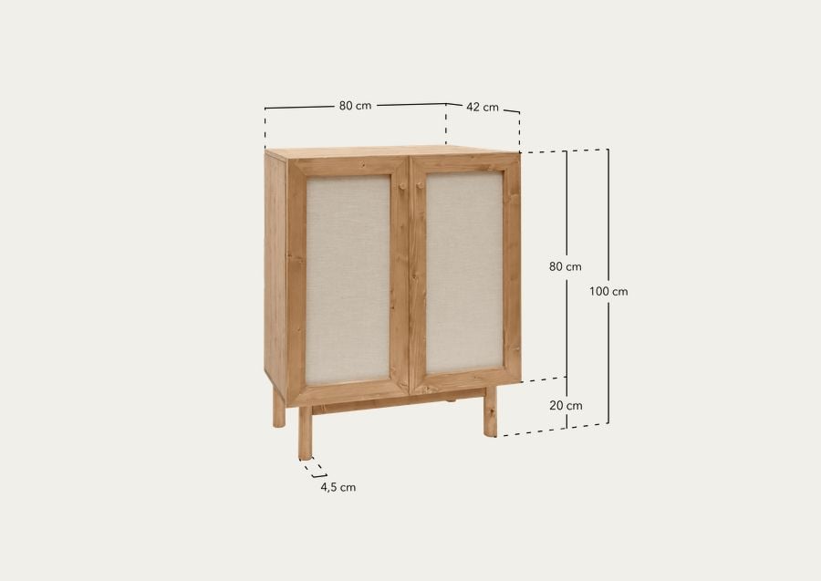 Aparador de madera maciza y tejido de lino de 2 puertas en tono roble oscuro de 100x80cm