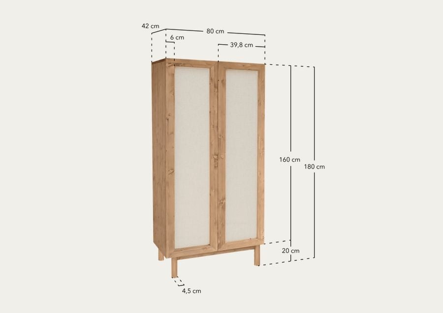 Armario de madera maciza y tejido de lino en tono blanco de 180x80cm