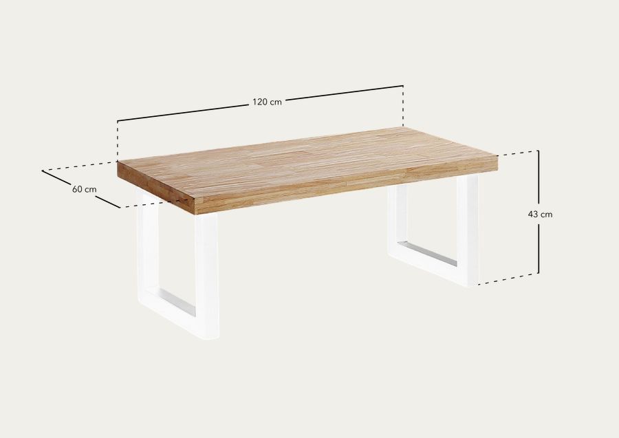 Table basse relevable en bois massif avec pieds en fer blanc 43x120cm