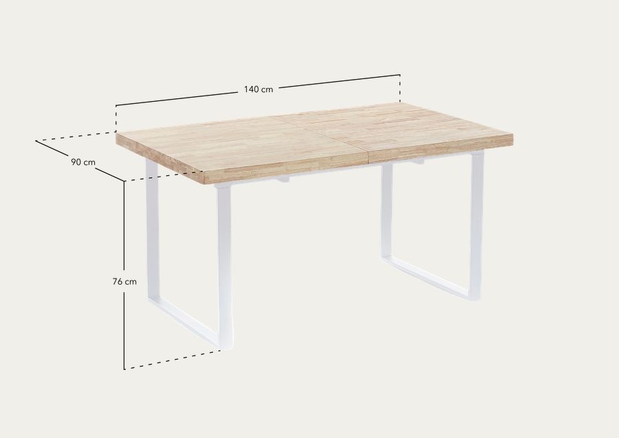 Mesa de jantar de madeira maciça extensível com pernas de ferro branco de 140x76cm