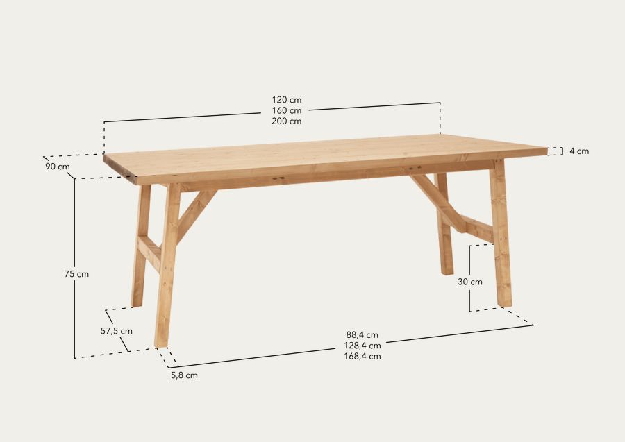 Tavolo da pranzo in legno massello in tonalità d'oliva di varie dimensioni