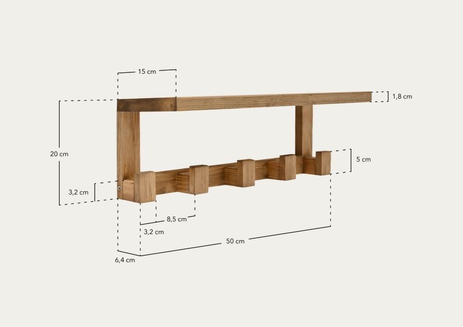 Colgador/Perchero de madera maciza con repisa tono natural de 20x50cm