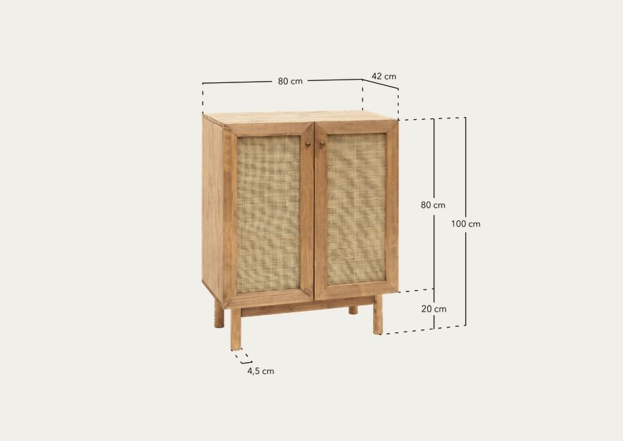 Aparador de madera maciza y medula de ratán de 2 puertas en tono roble oscuro de 100x80cm