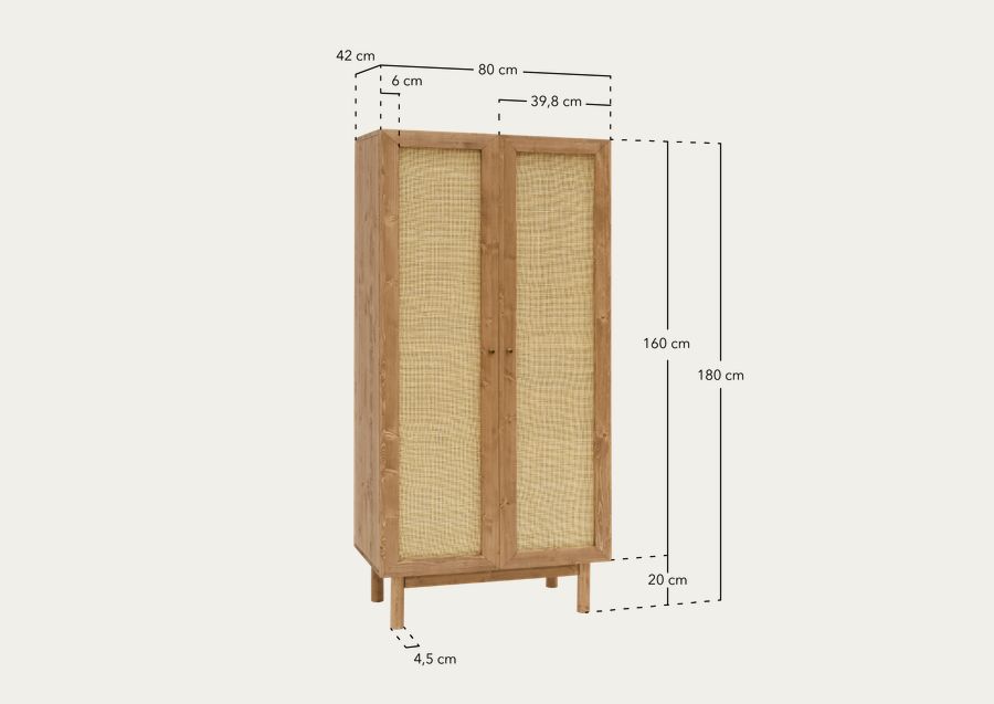 Armario de madera maciza y rafia en tono roble medio 180x80cm