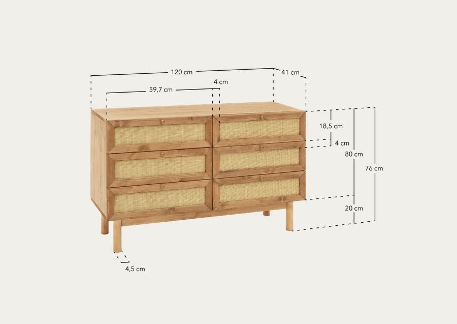 Cómoda de madera maciza y rafia con seis cajones en tono natural de 76x120cm