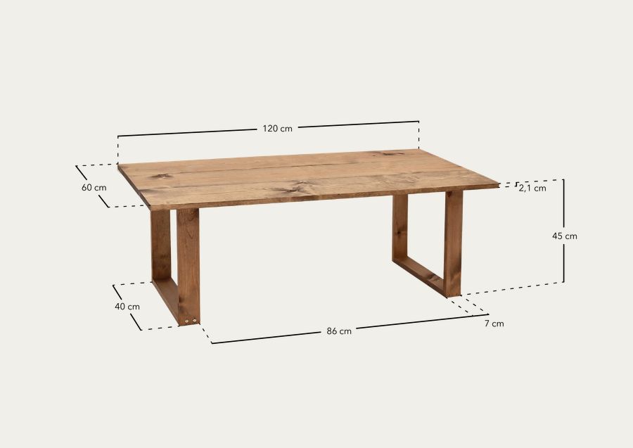 Mesa de centro de madeira maciça com acabamento em carvalho escuro 120x60cm