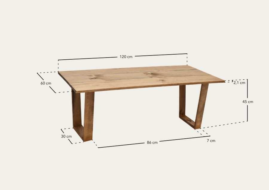 Mesa de centro de madeira maciça com acabamento natural 120x60cm