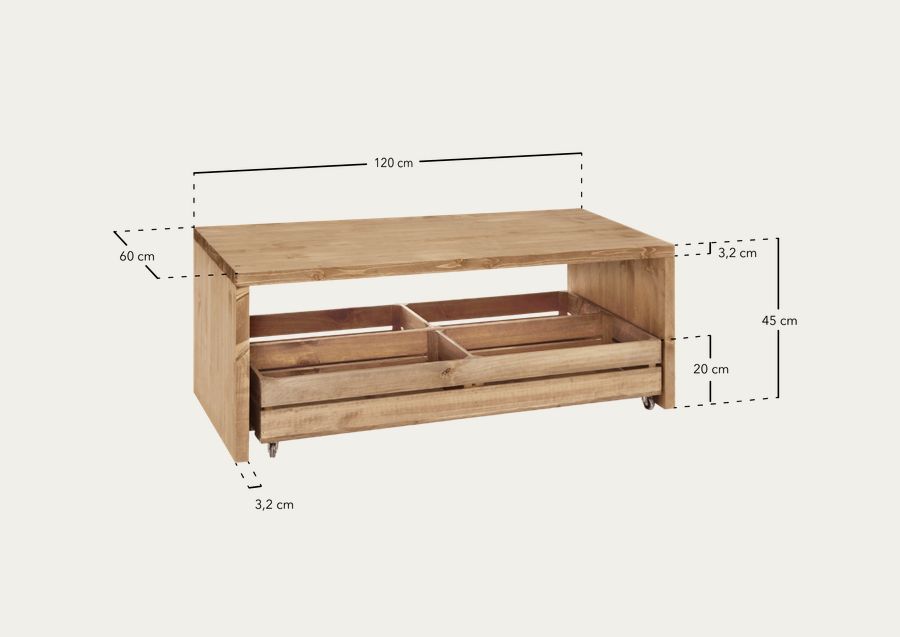 Tavolino da salotto in legno massello di colore quercia scura con ruote di 120x45cm.