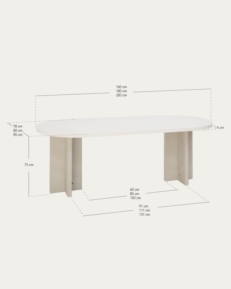 Mesa de comedor ovalada de microcemento en tono blanco roto con patas de madera tono roble oscuro de varias medidas