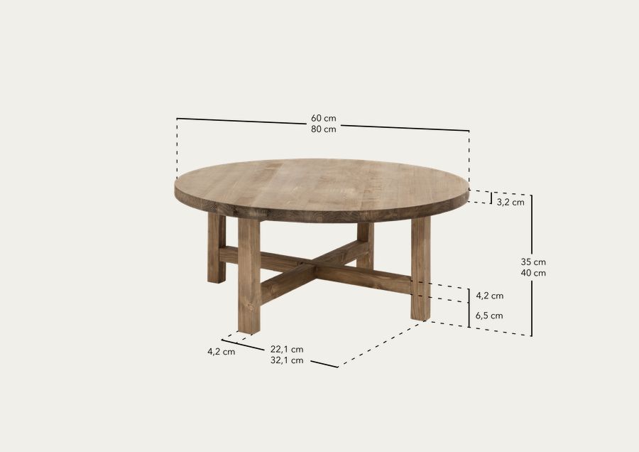 Tavolino rotondo in legno massello finitura rovere scuro di varie dimensioni