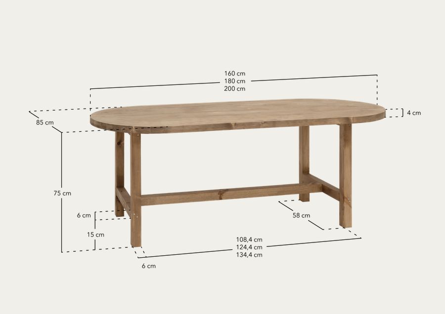 Mesa de jantar oval de madeira maciça em tom de nogueira de vários tamanhos