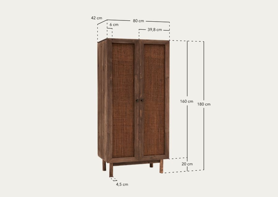 Armoire en bois massif et raphia ton noyer 180x80cm