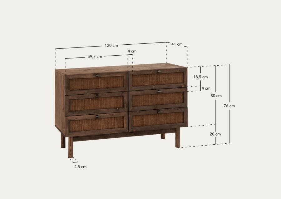 Cómoda de madera maciza y rafia con seis cajones en tono nogal de 76x120cm