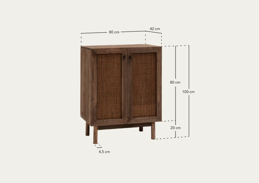 Aparador de madera maciza y tejido de rafia de 2 puertas en tono nogal de 100x80cm