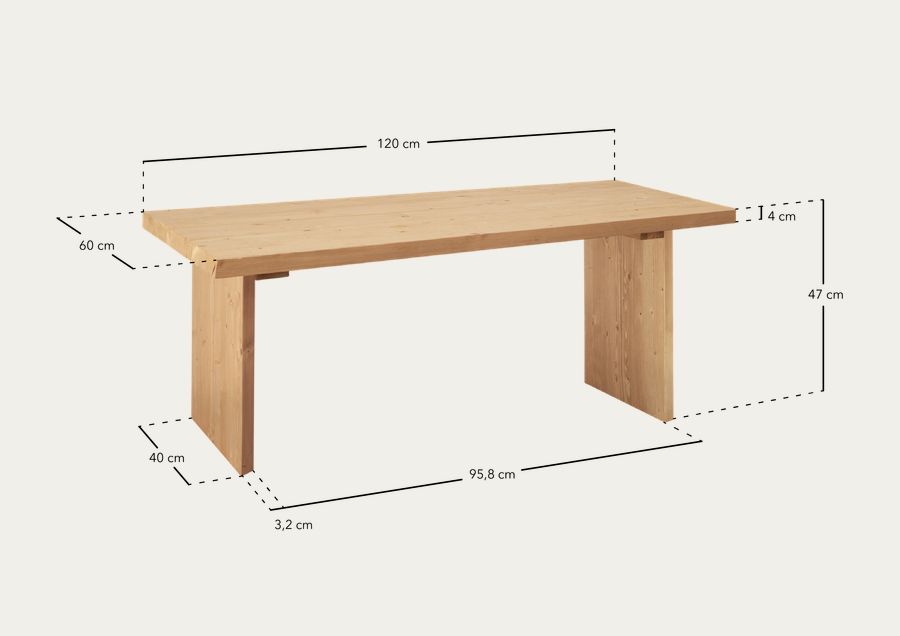 Tavolino in legno massello finitura naturale 120x60cm