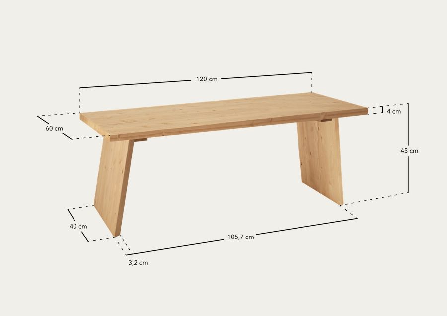 Tavolino in legno massello finitura naturale di 120x60cm