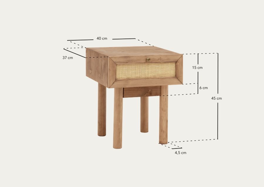Mesa de cabeceira em madeira maciça e ráfia com gaveta 40x45cm em tom natural