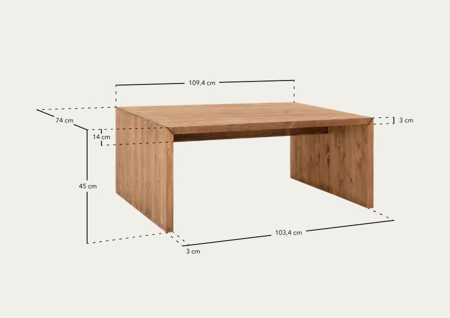 Mesa de centro de madeira maciça em tom de nogueira medindo 109,4x45x74cm