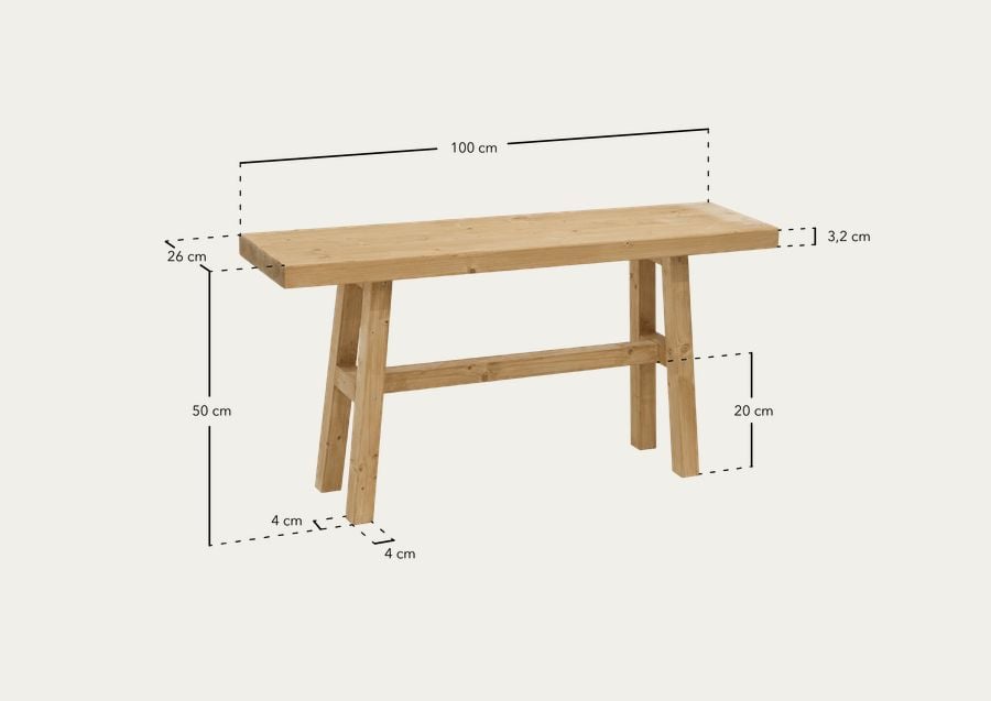 Banqueta de madera maciza en tono roble medio de 100x50cm