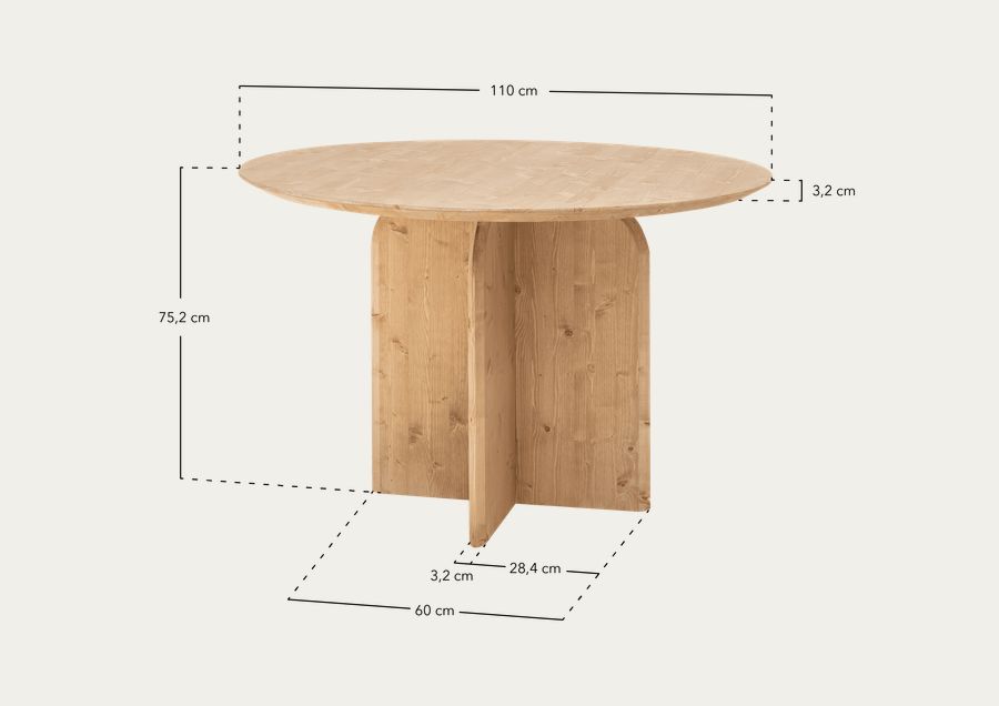 Mesa de jantar redonda de madeira maciça 110cm em tom natural