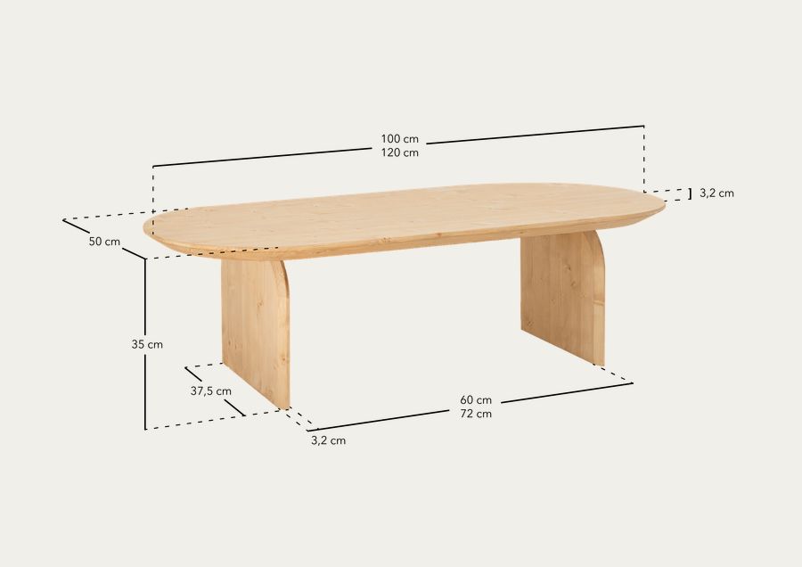 Tavolino ovale in legno massello in tono naturale di varie dimensioni