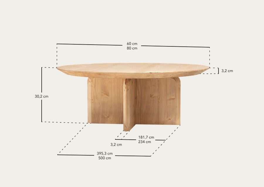 Tavolino rotondo in legno massello di rovere di media tonalità di varie dimensioni