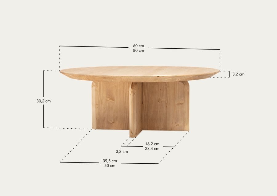 Mesa de centro redonda de madera maciza en tono roble oscuro de varias medidas