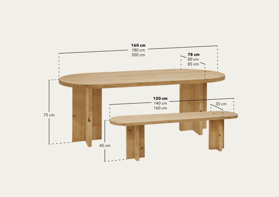 Pack di tavolo da pranzo ovale e panca in legno massello color rovere medio di varie misure