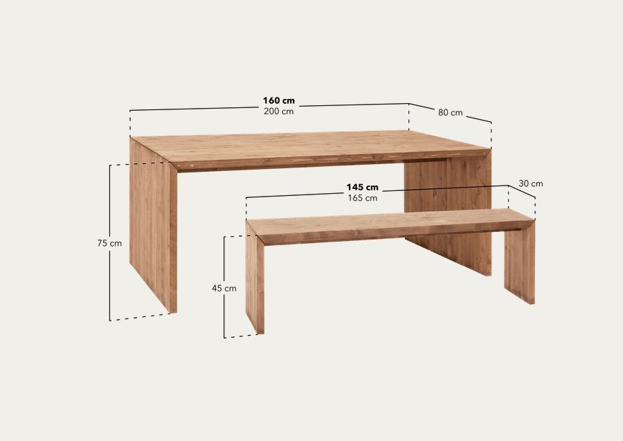 Pack di tavolo da pranzo e panca in legno massello in tonalità naturale di varie misure