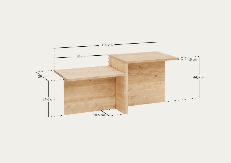 Tavolino 2 pezzi in legno massello in tono naturale di 100x44,6cm